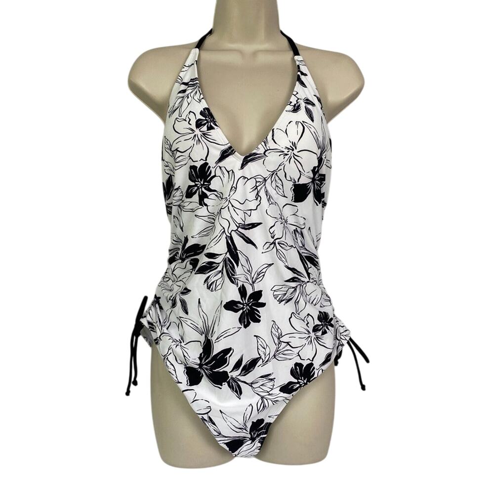 Cupshe One Piece Swimsuit Womens XL Floral Ruched Sides Halter Black White NEW - Picture 1 of 15